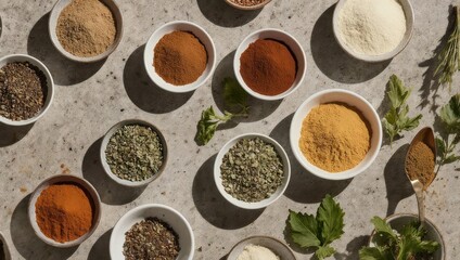 Various spice powders and herbs in small white bowls, arranged on a light gray surface.  Sunlight casts shadows