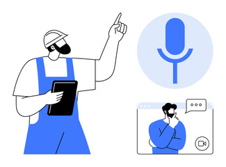 Remote work, virtual meetings, construction industry, technology integration, digital communication, education. Worker holding a tablet, microphone icon video call screen. Remote work and virtual