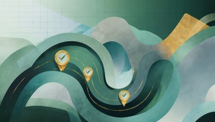 Abstract landscape with flowing teal and gold lines, dotted with checkpoints