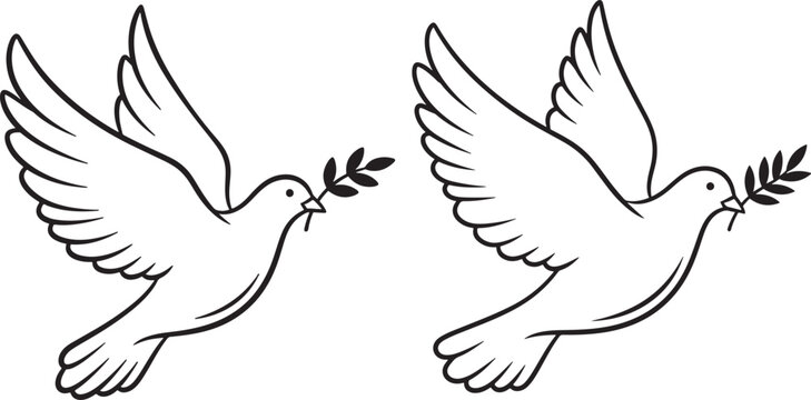 Two doves carrying olive branches silhouette