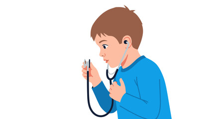 Boy using a stethoscope to listen to his own heartbeat.