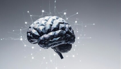 A 3D model of a brain, polygonal in shape,  with a network of lines and points radiating outwards.  Gray tones dominate
