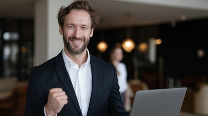 In a stylish office filled with natural light, a joyful businessman proudly expresses his success with a fist pump. Colleagues share the moment, creating an atmosphere of celebration and teamwork