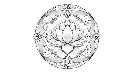 Intricate Mandala Design Featuring a Central Lotus Flower and Om Symbols.