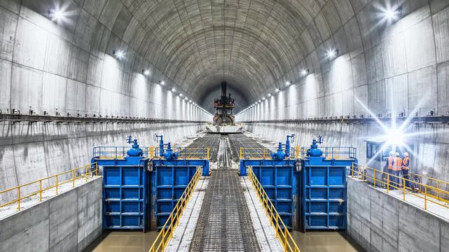 Construction workers in a tunnel observe machine drilling, dust, rebar and engineering technology