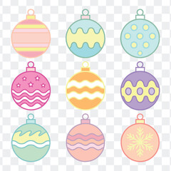 A large collection of colorful vector Christmas balls with various patterns for holiday designs and decoration.