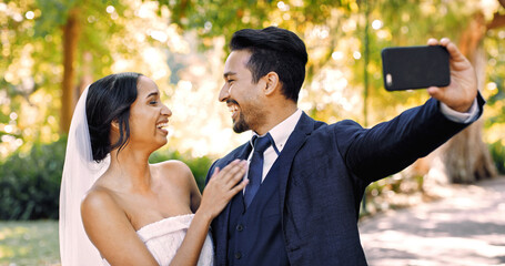 Wedding, selfie and bride with groom in park for memory, post and social media for celebration. Marriage, love and happy man and woman with profile picture, photo and smile for romantic event outdoor