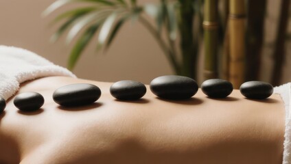 Dark smooth stones aligned on a person's back, suggesting a spa treatment