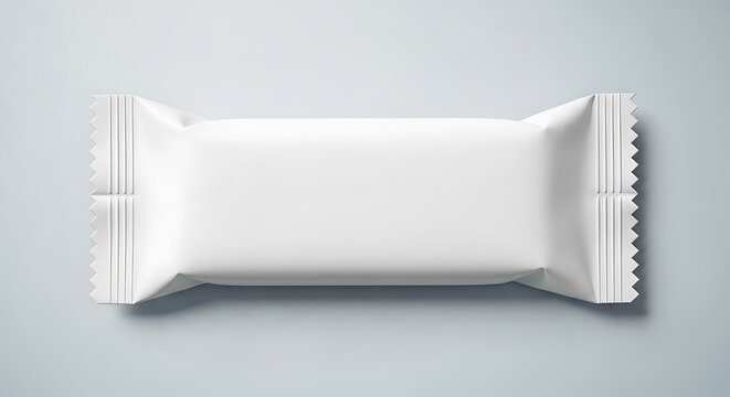 Blank white wrapper for a candy bar or snack, isolated on a light blue background, product packaging mockup