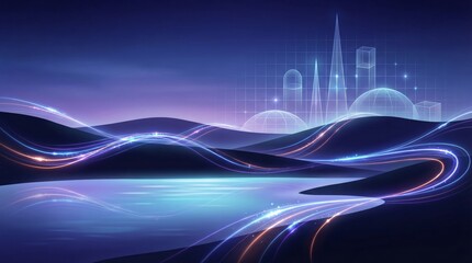 Futuristic city skyline emerging from flowing abstract waves with glowing digital light trails