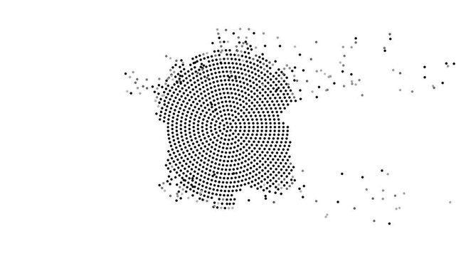 France Map Forming from Flying Dots in Gray to Black