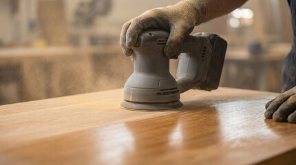 Craftsman sanding wooden tabletop with electric orbital sander in professional woodworking workshop