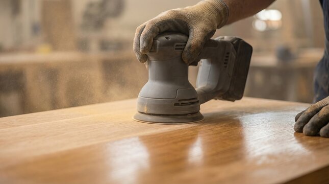 Craftsman sanding wooden tabletop with electric orbital sander in professional woodworking workshop