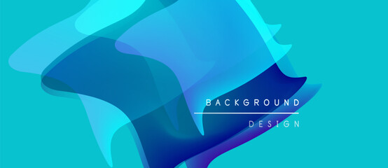 Abstract fluid shapes, vibrant blue hues, turquoise backdrop. Modern design elements create dynamic visual impact. Simple text overlay present.