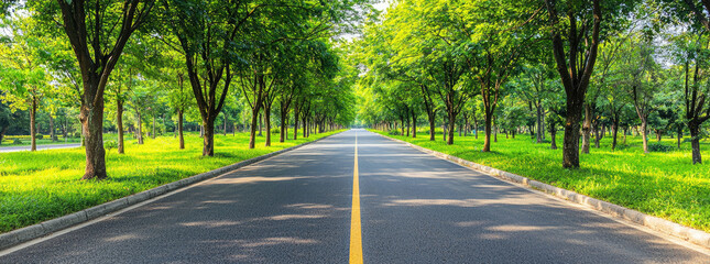 Scenic Tree Lined Asphalt Road With Green Grass and Yellow Center Line Bathed in Bright Sunlight Creating a Path Forward for Travel and Journey