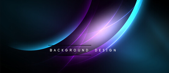 Abstract background features flowing curves, vibrant blues, purples, light streaks. Modern design evokes energy, depth. Minimalist text present.