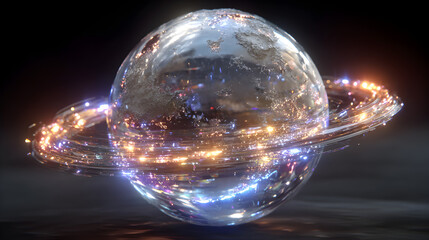 Glowing planet with orbiting particles