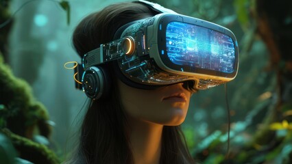 Woman immersed in virtual reality headset exploring digital forest environment.