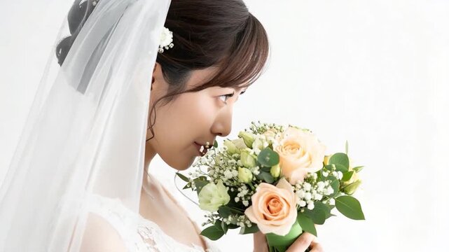 ブーケを持つ美しい花嫁のブライダル映像：ウェディングドレス姿でにこやかに微笑み花の香りをかぐ花嫁