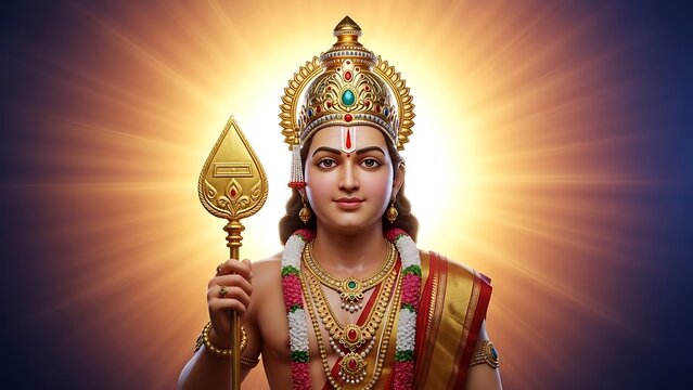 Lord Murugan Karthikeya, the Hindu deity. Features the iconic Vel spear and peacock, symbolizing victory, power, and Tamil spiritual culture