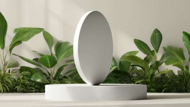 Minimalist display with round white objects and lush green plants in a well-lit indoor setting for modern decor ideas