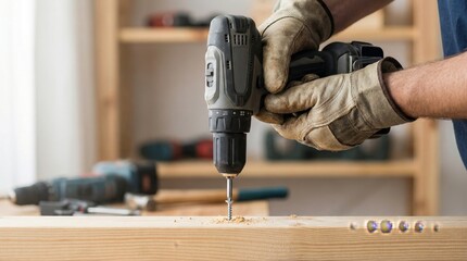 Person using cordless drill on wooden board in home workshop with focused craftsmanship