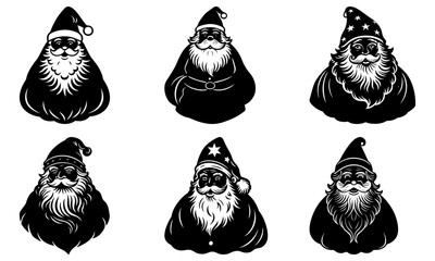 Six Santa Claus Silhouettes with Different Hats on White Background transparent background holiday