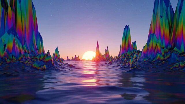 Abstract Pixelated Landscape at Sunset Over Water Surface with Vibrant Rainbow Colored Mountains