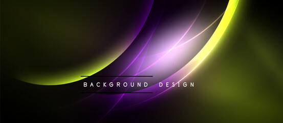 Abstract background features flowing purple, yellow curves. Dark shades dominate design, creating dynamic visual effect. Text reads background design.