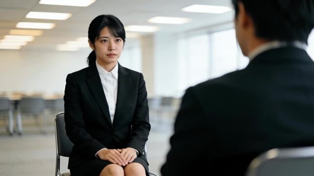 Young female job seeker facing an interviewer in a spacious meeting room