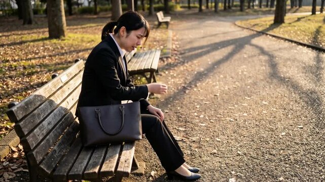 Sad Japanese woman in a suit crying on a park bench after a failed interview