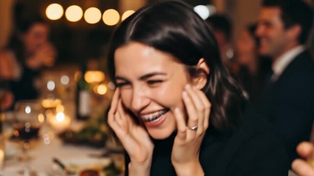 Candid Woman Laughing Openly, Braces Visible at Dinner Party