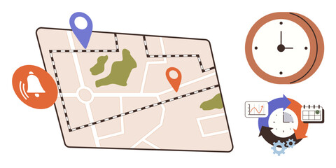 Map with location markers, clock, notification bell, and task planning graphics. Ideal for time management, scheduling, navigation, productivity tracking reminders and workflow. Simple flat