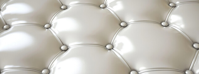 Close up of a glossy off white tufted upholstery texture with diamond pattern and bright highlights on the surface creating a luxurious elegant background