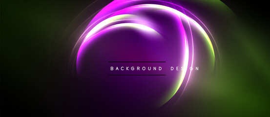 Abstract neon circles overlap, creating vibrant light effects. Dark background emphasizes glowing purple, green hues. Modern design element.