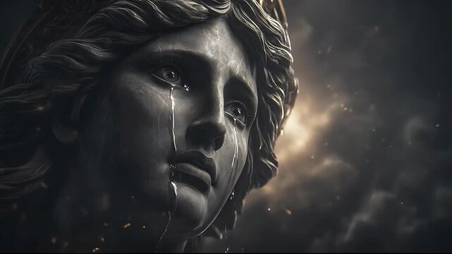 Emotional Black Marble Angel Statue Crying Tears in Dark, Dramatic Sky and Storm