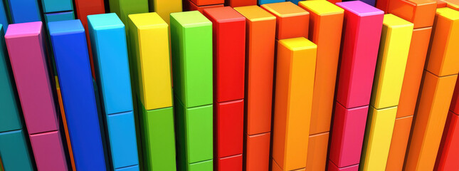 Abstract colorful bars in rainbow spectrum with varying heights and lengths creating a dynamic visual pattern with bright lighting and a close up perspective on a neutral background