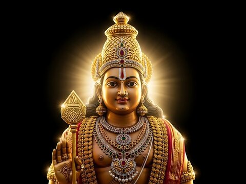 Lord Murugan Karthikeya, the Hindu deity. Features the iconic Vel spear and peacock, symbolizing victory, power, and Tamil spiritual culture