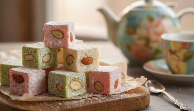 Traditional Turkish Delight lokum stacked with almond nuts and dusted with powdered sugar in pink green and white flavors served with ornate teapot and teacup