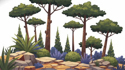 Mediterranean forest with mixed shrubs, pine trees, rocky ground, warm light, and dry climate vegetation forming a sunlit southern woodland landscape, empty white isolated sky for banner