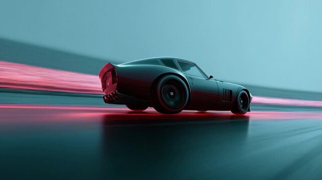 Classic car drives on a wet racetrack showcasing motion with a vibrant light trail at twilight
