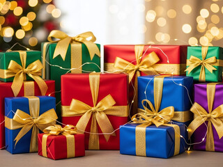Fototapeta premium A red Christmas gift box wrapped in gold paper with a decorative ribbon bow is an isolated holiday present and a surprise celebration object for an anniversary, birthday, or Xmas shopping