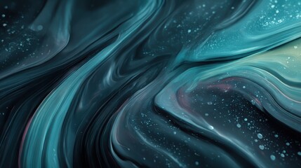 Swirling patterns of teal and black create a dynamic oceanic texture in abstract art scene