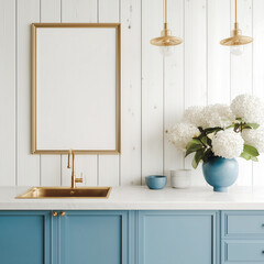 Modern bathroom sink with blue cabinet and brass details. mockup