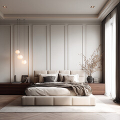 Minimal modern bedroom with soft neutral tones and elegant wall panels