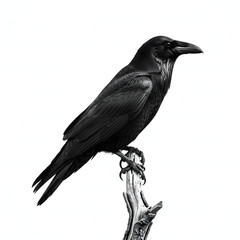 Fototapeta premium Black raven perched on a branch isolated on white background, symbolizing mystery, intelligence, gothic wildlife aesthetics, dark symbolism, nature photography, and powerful bird imagery