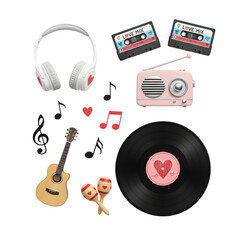 Valentine Music Elements PNG Set &ndash; Headphones Cassette Guitar Vinyl Record and Love Notes Isolated on Transparent Background