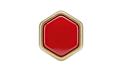 Red Hexagon Button with Gold Frame on White Background