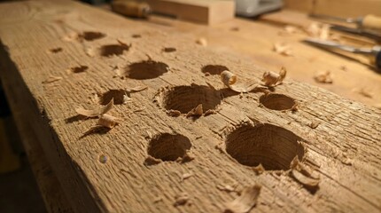 Close up of drilled holes in wooden board showing carpentry work and craftsmanship detail