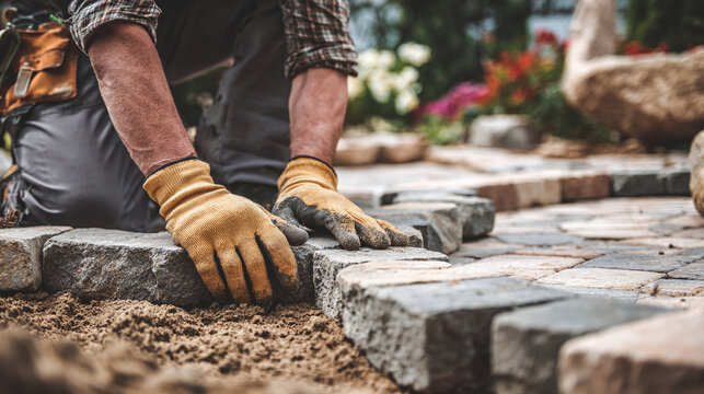 Faceless landscaper man laying interlocking paving stones creating new backyard patio defocused garden background wearing protective gloves work clothes outdoor hardscaping